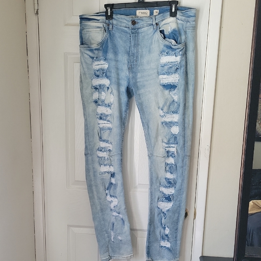 Mens Light Blue Distressed Skinny Jeans